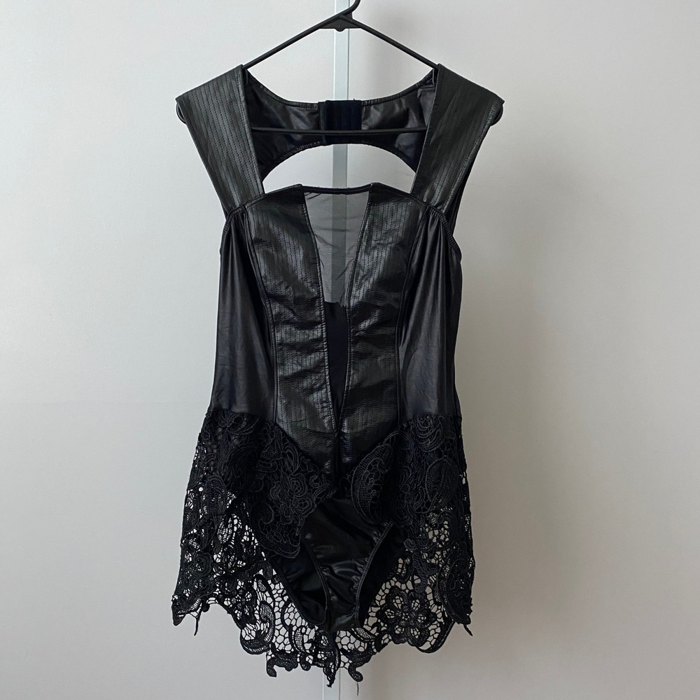 BodyRage Faux Leather Goth Witchy Emo Mesh Lace Bodysuit Medium Black